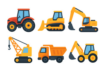 Flat Construction Vehicles Illustration Set | Bulldozer, Excavator, Dump Truck, Tractor, Crane, Backhoe