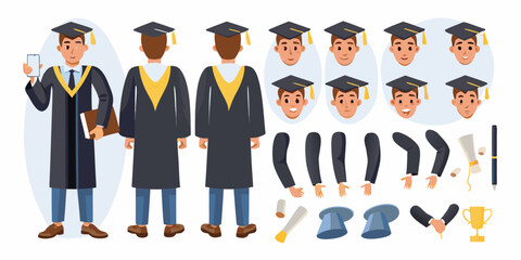 Male graduate character kit with various expressions poses and accessories for animation and design