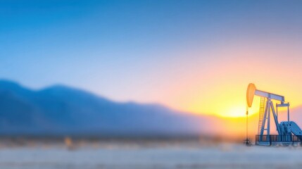 A pumpjack works tirelessly as the sun sets in the desert, casting warm hues across the sky and highlighting the equipment in the foreground. The scene evokes a sense of tranquility