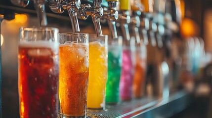 Pouring soft drinks with many taps of soda lemonade in a cafe