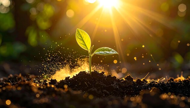 Emerging plant receives bright sunlight in a vibrant natural setting