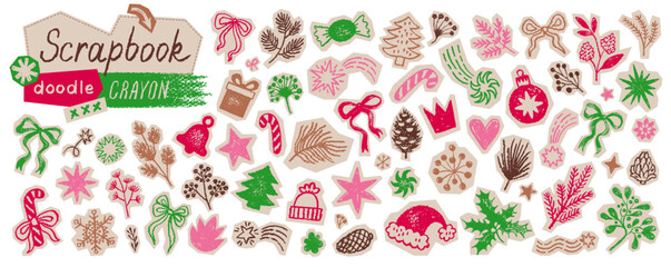 Christmas sticker. Xmas scrapbook. Christmas winter cutout collage icon. Vector Xmas doodle crayon scribble shape. Cute tree gift bell holly star. Doodle scrapbook torn paper nubs ornament. Cut-out bg
