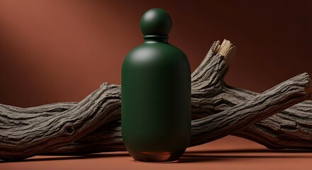 Emerald Bottle Still Life - Minimalist Design with Driftwood and Earthy Tones, Shadow Play.