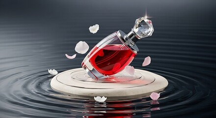 Elegant Crystal Perfume Bottle with Red Elixir and Floating Petals on Rippling Water Surface.
