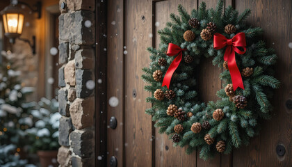 Elegant Christmas wreath with red ribbons and pinecones, hanging on a wooden door background