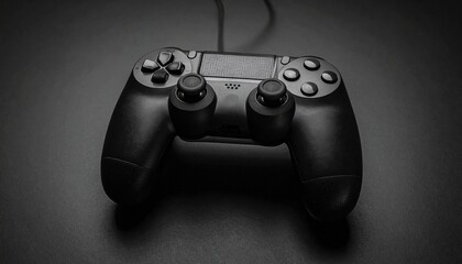 Dramatic black and white close up of a video game controller on a dark surface.