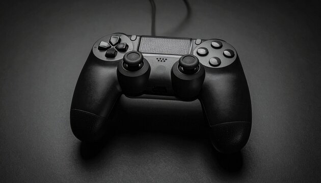 Dramatic black and white close up of a video game controller on a dark surface.