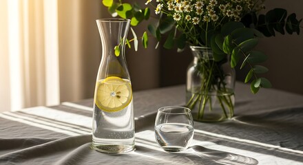 Serene Morning Ritual - Sunlit Carafe of Lemon Water on a Striped Tablecloth.