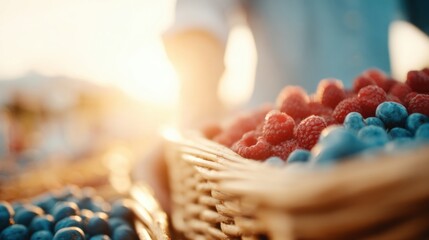 Brightly colored baskets filled with fresh blueberries and raspberries are being sorted by a person at a local farmers market during the warm light of a sunset