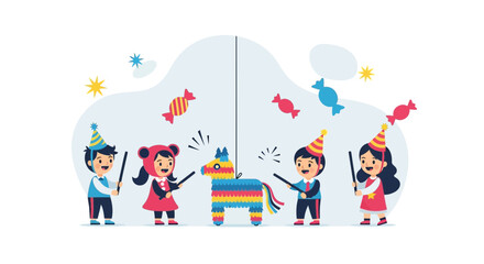 Children Celebrating Birthday Party With Pinata And Festive Accessories In A Minimalist Illustration