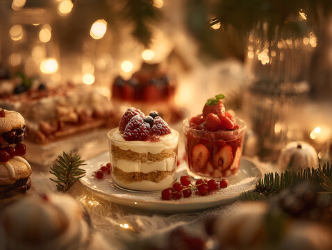 Festive christmas desserts with berries and cream