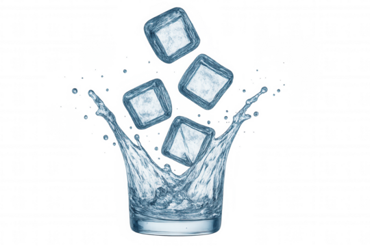 Ice cubes splashing into water glass creating a refreshing drink on transparent background