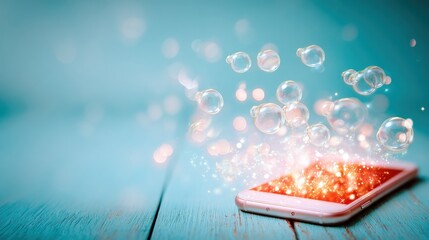 A smartphone rests on a bright surface, projecting holographic chat bubbles filled with colorful sparkles. The scene captures innovation and digital communication in a lively atmosphere