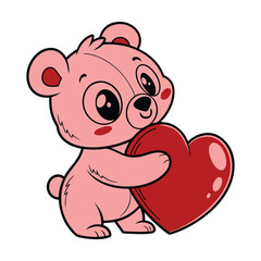 Kawaii Teddy Bear Hugging Shiny Red Heart Vector Illustration