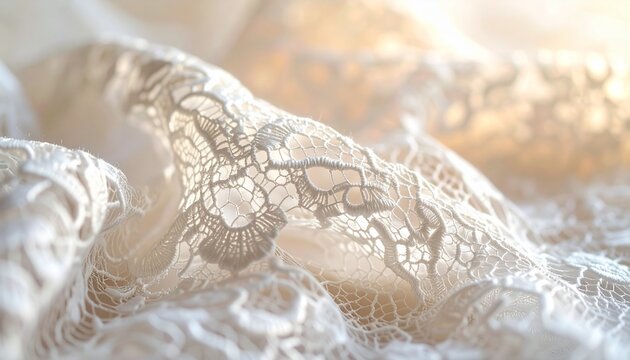 Delicate white lace fabric with intricate floral patterns in soft morning light.