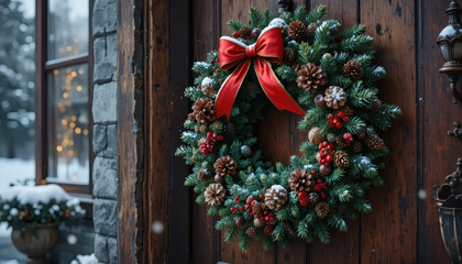 Elegant Christmas wreath with red ribbons and pinecones, hanging on a wooden door background