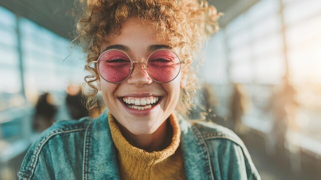 A joyful woman with curly hair and pink sunglasses smiles brightly in a sunlit atrium. She is surrounded by people enjoying a vibrant atmosphere during the day - Powered by Adobe