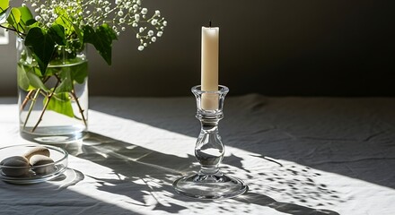 Serene Still Life - Candle in Glass Holder, Flowers, and Sunlight Shadows.