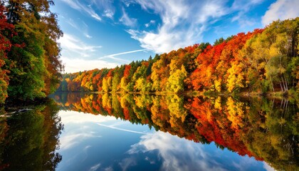 Obraz premium The autumn forest is reflected in the calm lake under a cloudy sky background