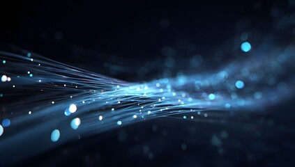 Abstract glowing blue light trails and bokeh particles flowing through a dark digital network representing data transfer and futuristic technology concepts