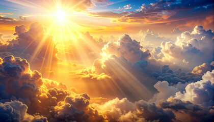 Heavenly Light: Sun Rays Breaking Through Fluffy Clouds.