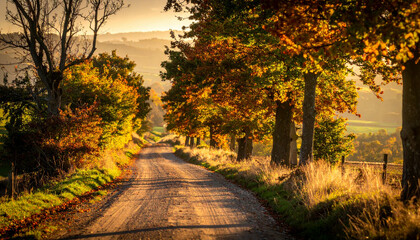 Golden Autumn Road Lined with Trees Bathed in Warm Sunlight.