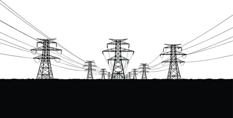 High voltage electricity transmission towers and power lines silhouette over horizon, industrial energy infrastructure landscape illustration, black and white vector background design © It's Sahed