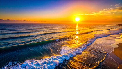 Golden Sunset Over Ocean Waves Creating Beautiful Reflections.