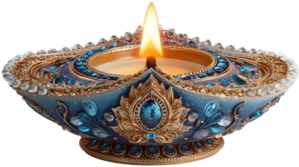Decorative traditional Diwali diya with burning flame made of clay filled with oil used for festival celebration and worship isolated on white background