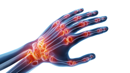 3d medical illustration showing human hand with joint pain highlighting bones ligaments inflammation and arthritis symptoms isolated on white background