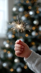 Child's hand holding a lit sparkler with festive bokeh lights in the background