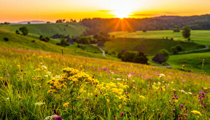 Golden sunset over rolling green hills and vibrant wildflowers in a serene summer landscape.