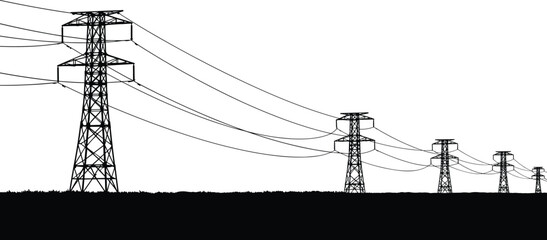 High voltage electricity transmission towers and power lines silhouette, energy distribution infrastructure concept, industrial landscape vector illustration for renewable power and grid design © It's Sahed