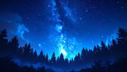 Enchanting Nightscape: Silhouetted Trees Under a Starry Blue-Hued Galaxy.