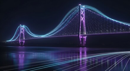 Futuristic bridge illuminated with data streams at night, representing connectivity, urban development, and technological advancement in a vibrant cityscape