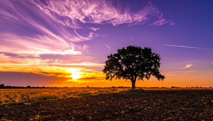 Solitary Oak Tree Silhouette Against a Dramatic Purple Sunset Sky.