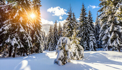 Sunlight Streaming Through Snow Covered Evergreen Forest Path.