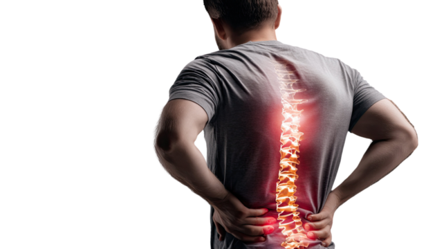 Middle aged man suffering from back pain holding lower spine in discomfort showing body ache and muscle strain isolated on white background
