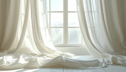Elegant white sheer curtains flowing in bright morning sunlight.