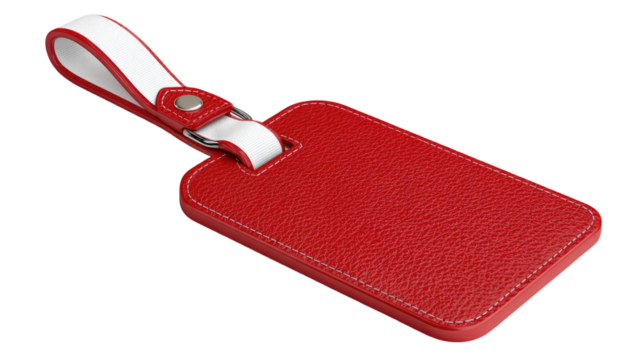 Red leather luggage tag with stitched edges and metal buckle showing travel accessory style durability and identification detail isolated on white background