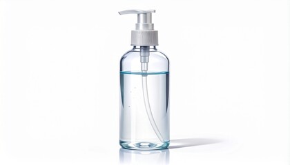 Clear pump dispenser bottle with transparent blue liquid isolated on a white background.
