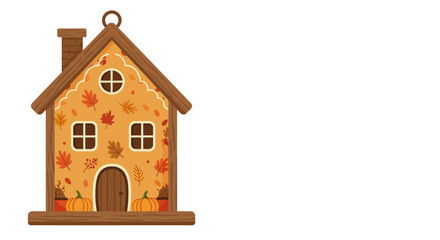Autumn Gingerbread House Decoration with Fall Leaves.