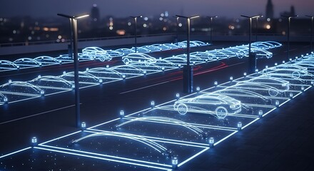 Futuristic parking lot with selfdriving cars parked in designated spots, illuminated by neon lights, showcasing the future of transportation and technology