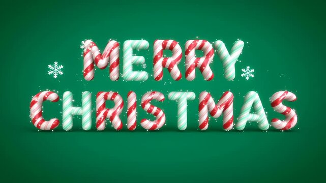 Candy cane Merry Christmas text with moving snow particles on green background for holiday celebration animation