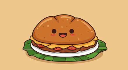 Cute Kawaii Sandwich Character Illustration.