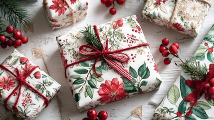 Christmas Presents Wrapped in Festive Paper / クリスマス柄のラッピングペーパーで包まれたプレゼント