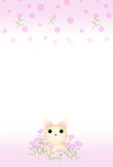 ピンクの花とネコの背景〈ハガキ〉　F-2