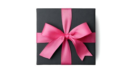 Black Gift Box with a Pink Ribbon, Top View / ピンクのリボンがついた黒いギフトボックス（俯瞰）