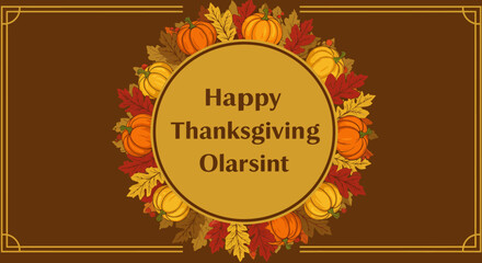 Happy Thanksgiving Decorative Greeting Card with Pumpkins and Leaves.