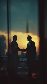 Business Deal Seal: Silhouette of two professional figures shaking hands, symbolizing agreement and partnership against a backdrop of the setting sun, capturing the essence of a successful deal.